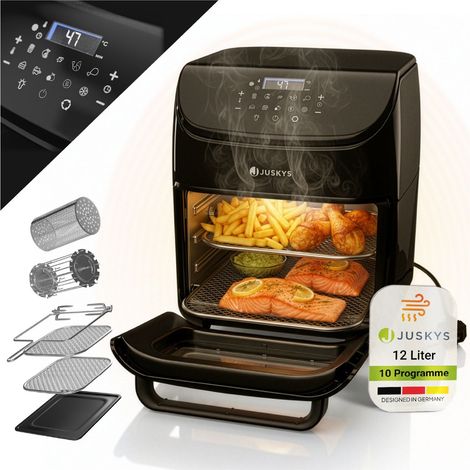 Friggitrice ad aria calda da 12 L con 10 programmi  Airfryer per una cottura veloce, colore nero, con display e accessori
