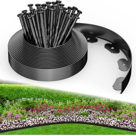Bordure de jardin en plastique, 10 m, avec 30 piquets, flexible pour bordures de parterres de fleurs, bordures de gazon, pelouses et allées (1/5)