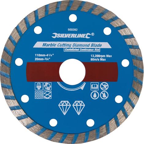 Silverline – Disque diamant 110mm pour scie à carrelage – Coupe à sec et humide – Lame fine pour marbre et céramique – Alésage 20mm
