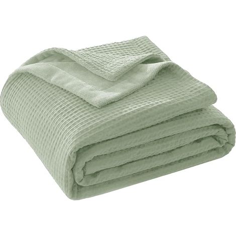 Couverture en coton - 220 x 240 cm - Couverture en coton gaufré et velours - Douce - Pour canapé, lit - Vert (1/5)