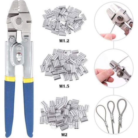 Outil de sertissage pour câble métallique jusqu'à 2,2 mm avec 150 manchons de sertissage double barillet en aluminium de 3 tailles (1/4)