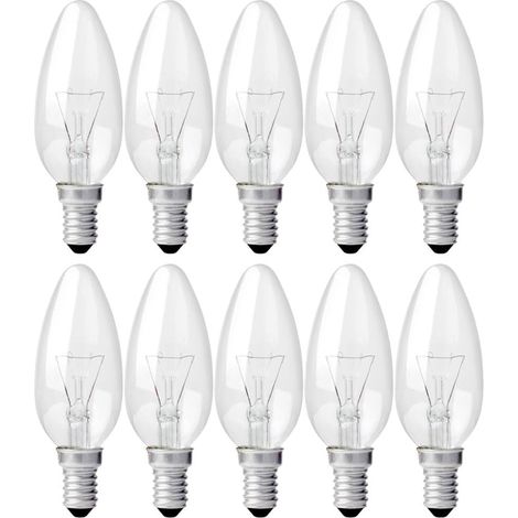 Paquete de 10 bombillas de vela C35 transparentes, E14, 15 W, blanco cálido, regulables, 230 V