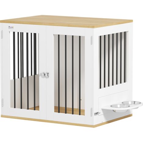 Gabbia per cani, tavolino laterale, ciotole girevoli a 360° rimovibili, 2 sportelli, taglia media, 80x55x71,5 cm, bianca