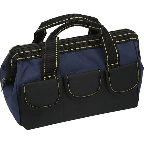 Sac de rangement pour outils de 33 cm (13 pouces) en tissu Oxford, multifonctionnel, imperméable, à large ouverture, pour la maison et l'atelier, noir et bleu. (1/5)