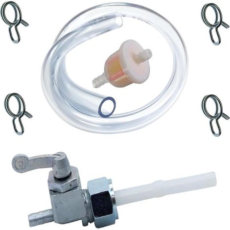 M16 x 1 Benzinhahn-Set mit verchromtem Metallhebel + Schlauch + Filter + Universalklemme für Gartengeräte, Traktoren und Rasenmäher (1/4)
