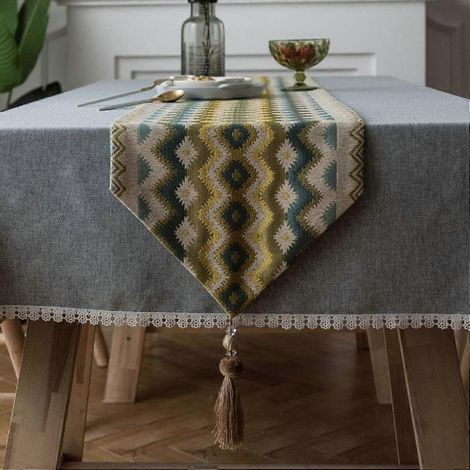 Chemin de table bohème coloré à vagues avec pompons, motif géométrique jacquard, style champêtre, pour décoration de commode (Vague A, 13 x 106 pouces) (1/4)