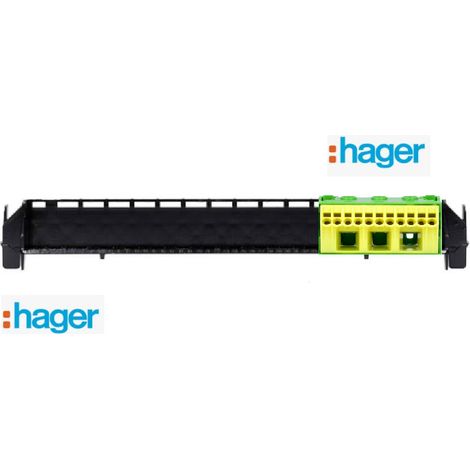 Bornier de terre sans vis 11x4 mm² + 3x25 mm² Hager KN14E + Support Hager VZ711