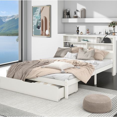 Cama doble estilo librería 140x200 cm de madera maciza blanca con cabecero de almacenaje, cajones y somier de láminas (1/5)