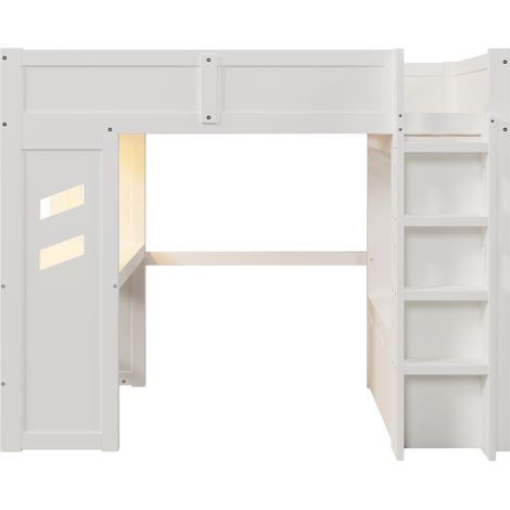 Lit mezzanine 90 x 200 cm avec bureau gaming LED USB et tiroirs en pin massif Blanc (1/5)