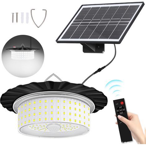 Waterproof LED solar pendant light with 5 lighting modes, motion sensor and timer, remote control included for indoor, outdoor, garden, patio or camping. (1/5)