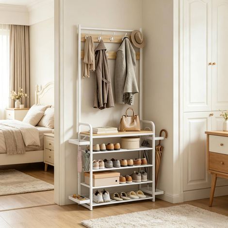 Appendiabiti da ingresso 104x190x30 cm, con 9 ganci doppi, 4 ripiani porta scarpe, metallo, bianco e rovere chiaro (1/4)