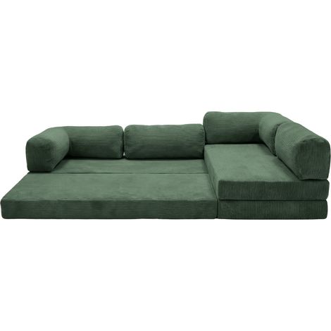 COSIMA - Canapé d'angle convertible petit velours côtelé 4 places Vert sapin Droit (1/5)