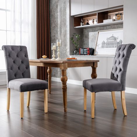 Lot de 6 chaises de salle à manger en velours gris, dossier capitonné 12 boutons, anneau chromé, pieds en chêne, assise rembourrée (1/5)