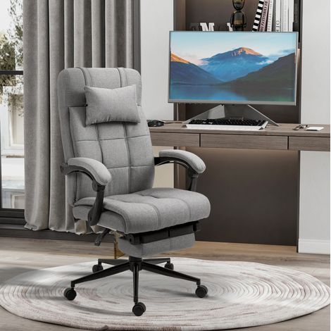 Chaise de bureau en lin gris clair avec appui-tete, accoudoirs reglables, dossier inclinable 90-155°, 66 x 76 x 112-120 cm (1/5)