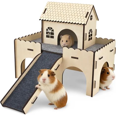 Cabane en bois deux étages pour cochon d’Inde, hamster, lapin et chinchilla, maison 3‑en‑1 avec escalier, plate‑forme et tapis, démontable (1/5)