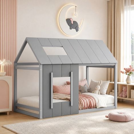 Cama infantil tipo cabaña 90x200 cm de madera y MDF gris, moderna, sin colchón FloraGrace (1/5)