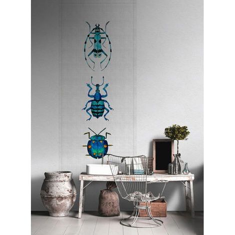 Papier peint panoramique idéal pour bureau Tapisserie panoramique grise aspect textile Papier peint panoramique insectes bleus (1/3)