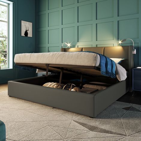 Lit rembourré 160×200cm PU,rangement,lumière lecture,base à lattes,lit jeunesse double avec matelas inclus (1/5)
