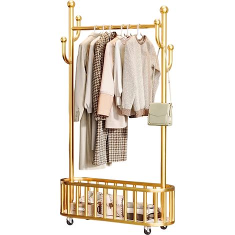 Porte-vêtements, roulant avec des roues, panier de rangement robuste, or, 80cm W-b (1/2)
