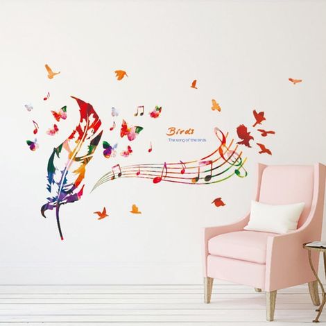 CCYKXA Colorful Music Notes Wall Stickers with Colorful Feather, Birds and Butterflies Removable Decoration DIY Vinyl Wall Home Decals for Living Room, Bedroom, TV Wall