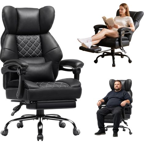 Chaise Bureau Ergonomique avec Repose-Pieds et Support Lombaire, Chaise Gaming Haut Dossier, Fauteuil de Bureau avec Coussin à Ressorts, Hauteur Réglable, pour Le Bureau ou Jeu, Noir