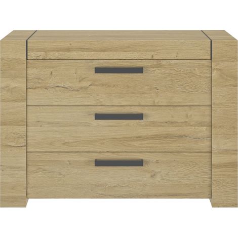 Commode 3 tiroirs effet bois chêne doré avec poignées métal noir (1/4)