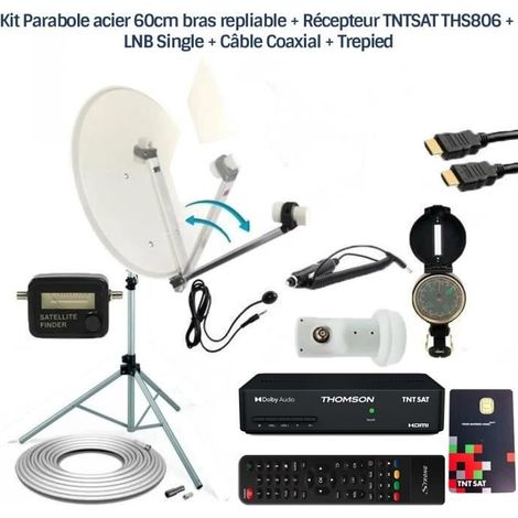 Kit Parabole acier 60cm bras repliable + Récepteur TNTSAT THS806 + LNB Single + Câble Coaxial + Trepied