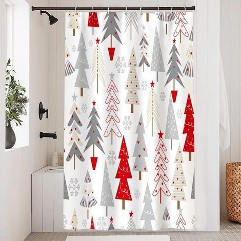 Anti-mold shower curtain, 120 x 180 cm, abstract grey red Christmas tree pattern, washable and waterproof, with 8 hooks. (1/5)