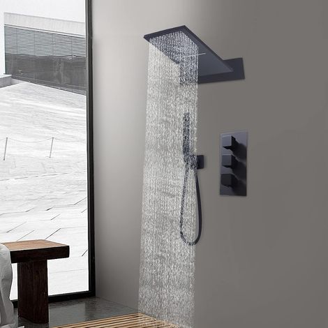 Mitigeur de douche thermostatique avec pommeau de douche et pommeau de douche encastré Noir (1/5)