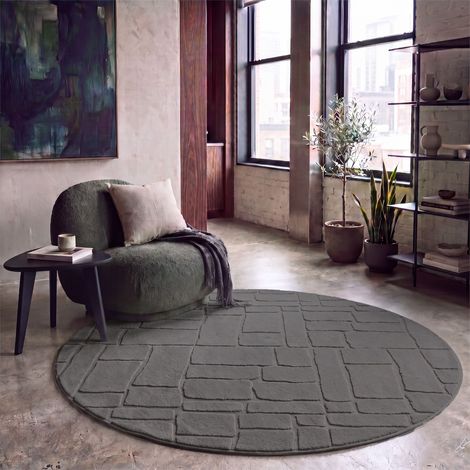 Paco Home Teppich Wohnzimmer Hochflor Skandi Boho Steinoptik Uni Waschbar Anthrazit 120 cm Rund (1/5)