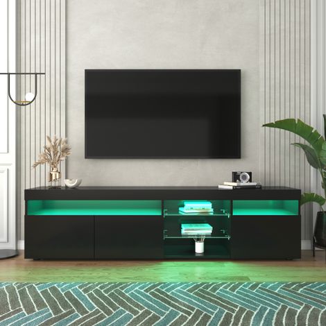Meuble TV, support TV, Banc TV, avec étagère et casier, meuble TV moderne noir, panneau lumineux, éclairage LED variable, salon et salle à manger 180cm, KINSI (1/5)