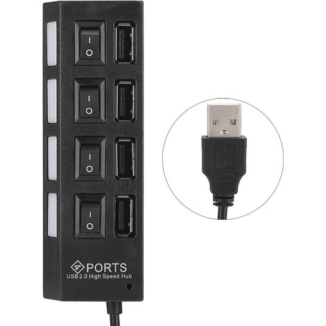 Hub USB à 4 ports et interrupteurs indépendants. Remarques : USB 2.0, 4 ports, noir. (1/5)