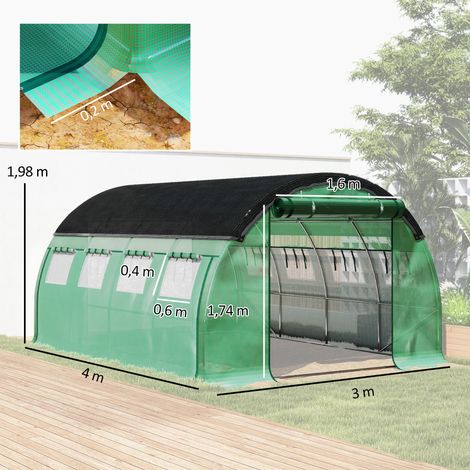 Serre de jardin 4x3x2 m, tunnel de culture avec 8 fenêtres, portes enroulables, parois latérales relevables, film résistant aux UV, abri à tomates d'hiver avec ancres de fixation, vert. (1/5)