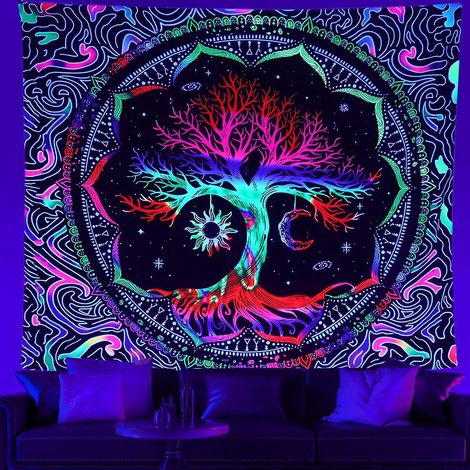 Tapisserie Arbre de Vie, Mandala Soleil et Lune, Décoration Murale Hippie Réactive aux UV pour Chambre - 130 cm x 150 cm (1/5)