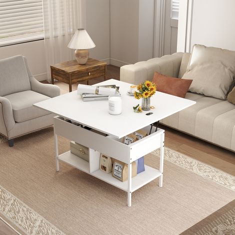 Table basse extensible avec rangement caché, meuble de salon relevable avec étagères apparentes, 98x49x55 cm, finition blanche (1/5)