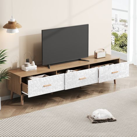 Mueble TV puertas texturizadas retro elegante tres cajones tablero de partículas 150x39x35cm color blanco y madera (1/5)