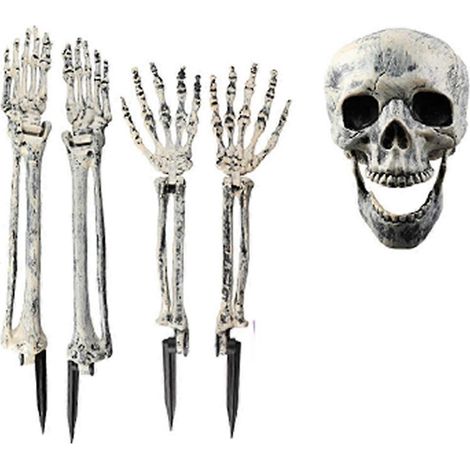 Lot de 5 piquets squelettes réalistes pour Halloween, têtes de crâne et bras humains, décoration pour la maison et le jardin. (1/5)