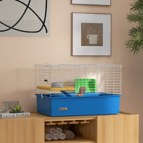 Enclos 71x46x47 cm Bleu pour petits animaux : pour lapins Chinchillas Cobayes avec rampe de plateau