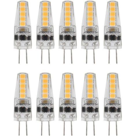10 LED G4 bulbs, 2W 3000K AC 12-24V, dimmable for chandeliers, ceiling lights, table lamps, warm white.