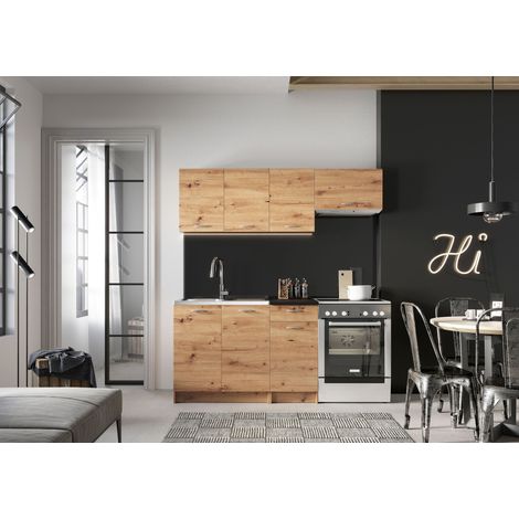 Pegane – Cuisine complète Mila 5 éléments chêne artisan avec plan de travail noir 28mm – Longueur 120/180 cm – Meubles en panneaux de particules 16mm (1/5)