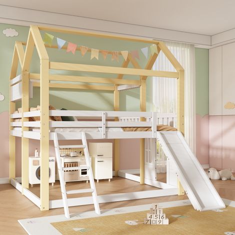 Lit mezzanine enfant 90x200 cm cabane avec toboggan et échelle réversibles, bois blanc et naturel, gain de place (1/5)