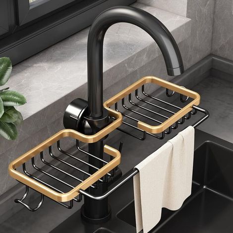 Porte-éponge pour robinet en aluminium antirouille – Installation facile – Égouttage rapide – Organisateur d'évier de cuisine (1/4)