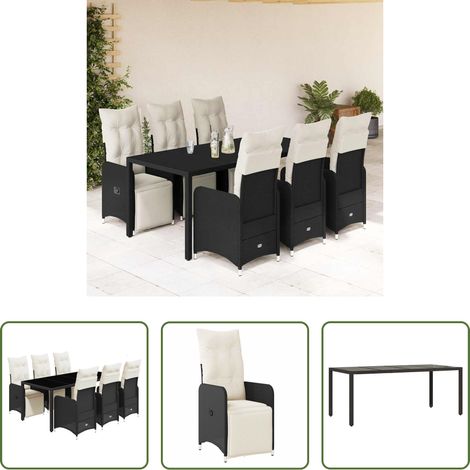 Gartentisch -  7-tlg. Garten-Bistro-Set mit Kissen Schwarz Poly Rattan (1/5)