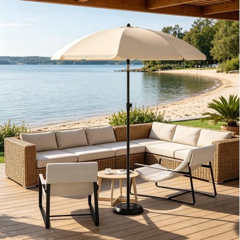 Strandschirm aus Metall Beige, Polyester 180 g/m², UPF 50+, 35° neigbar, höhenverstellbar, mit Tragetasche (1/5)