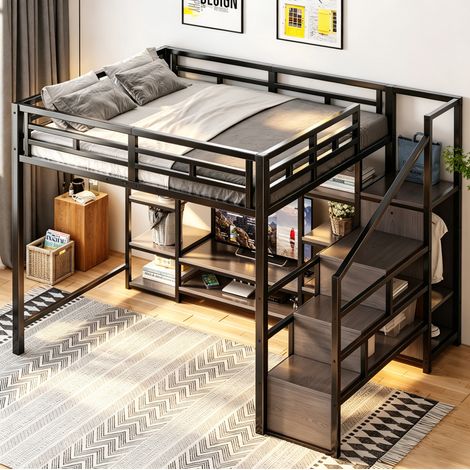 Cama alta con soporte TV y enchufe negra OKMYHOME (1/5)