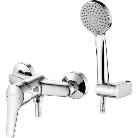 Mitigeur, Robinet de Douche avec Douchette et Flexible, Support, Chromé, Argent (1/5)