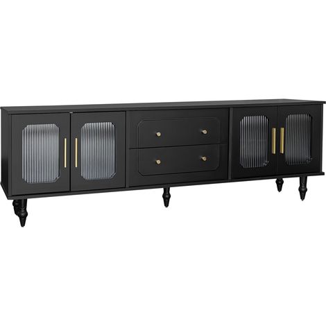 Meuble TV Modenuit noir avec portes en verre cannelé et poignées dorées, 175 x 38 x 55,5 cm (1/5)