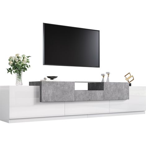 Meuble TV laqué blanc et décor ciment 200 cm avec 4 portes, tiroir central, niche vitrée, abattant, passe-câbles et charnières amorties - CHICFURN (1/5)