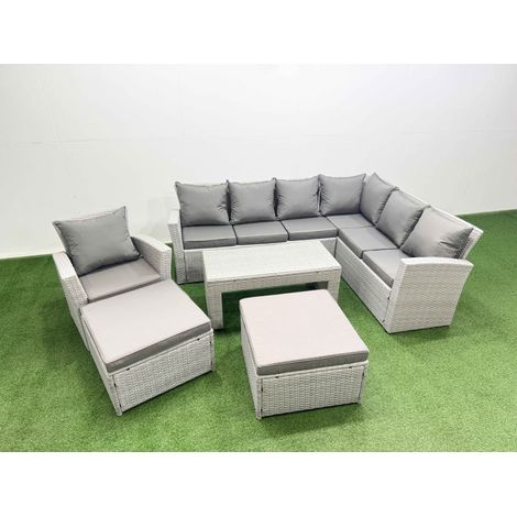 Fimous 9 Seater Garden Outdoor Rattan Furniture Set Rattan Corner Sofa Oblong Coffee Table with 2 Big Footstools Light Grey Mixed (1/4)
