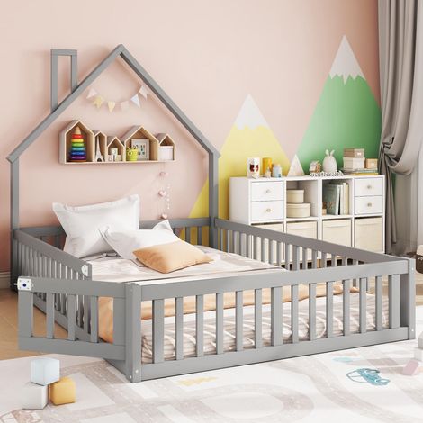 Lit capitonné, 140x190cm, lit enfant en forme de cheminée, sommier à lattes (matelas non inclus), en pin, style minimaliste, gris, garantie 2 ans (1/5)